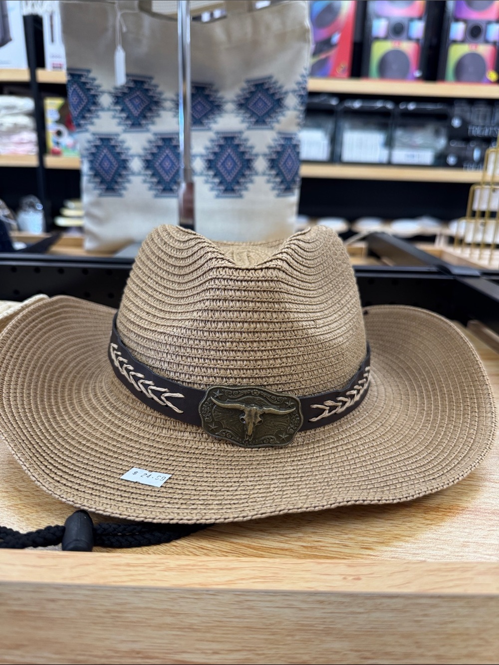 Men's Tan Straw Cowboy Hat with Decorative Buckle Band